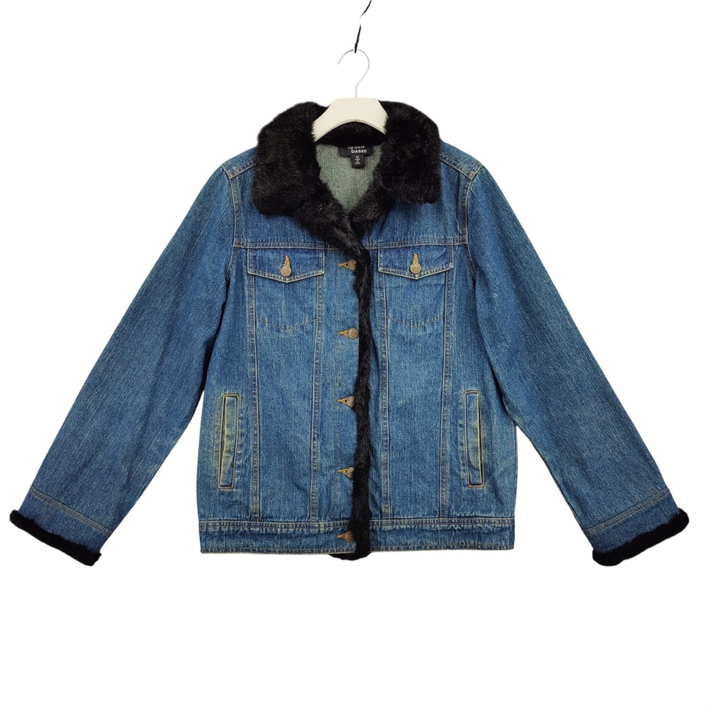 Dennis Basso Women Mob Wife Y2K Denim Jacket XS Blue Faux Fur Trim Oversize